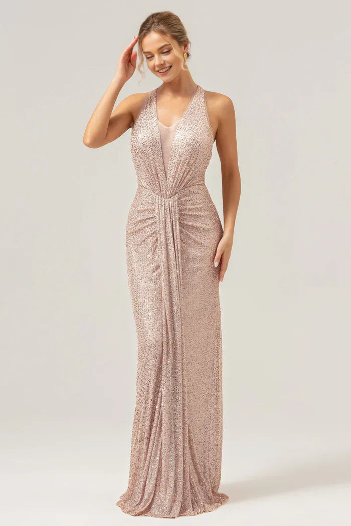 Weitese Dress Glitter Blush Mermaid Halter Backless Prom Dress Maxi Dress Sleeveless Pleated Sparkly Party Dress